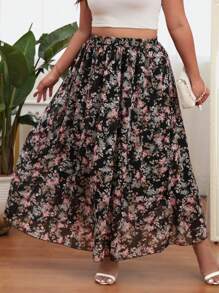 SHEIN LUNE Plus Floral Print Flare Skirt - Multicolor - View 1
