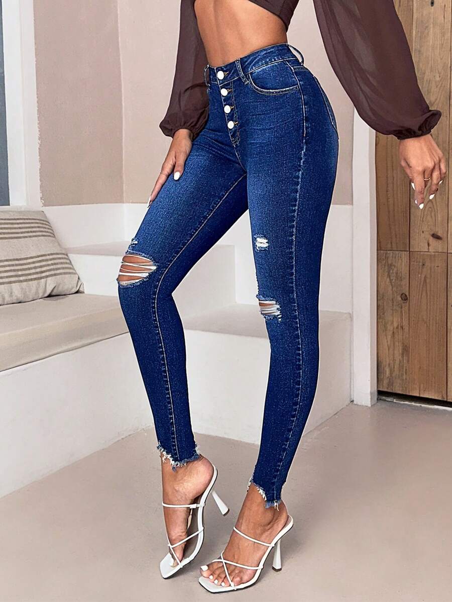 SHEIN Essnce Jeans ajustados con botón desgarro bajo crudo - Azul lavado oscuro - Ver 1