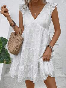 SHEIN VCAY Ruffle Trim Solid Dress - White - View 2