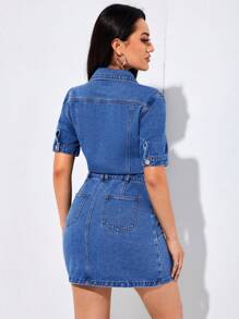SHEIN Privé Vestido mezclilla con bolsillo con solapa con botón delantero - Azul lavado oscuro - Ver 2