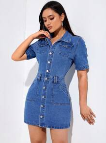 SHEIN Privé Vestido mezclilla con bolsillo con solapa con botón delantero - Azul lavado oscuro - Ver 5