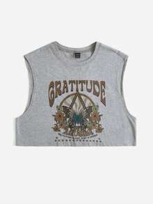 SHEIN EZwear 字母與蝴蝶印花短款背心 - 淺灰色 - 查看 3