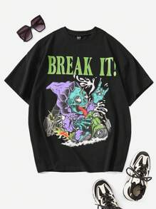 SHEIN EZwear 字母和骷髅頭圖案T恤 - 黑色 - 查看 1