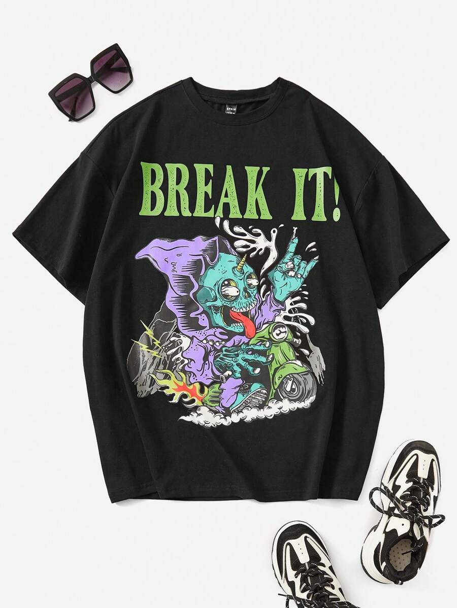 SHEIN EZwear 字母和骷髅頭圖案T恤 - 黑色 - 查看 1