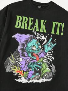 SHEIN EZwear 字母和骷髅頭圖案T恤 - 黑色 - 查看 4