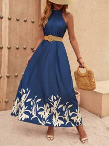 SHEIN Holidaya 印花繞頸洋裝不附腰帶 - 藍色 - 查看 1