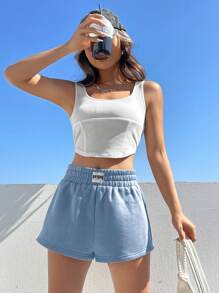 SHEIN EZwear 字母補丁細節彈性腰帶短褲 - 淺藍色 - 查看 6