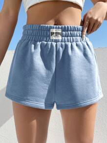 SHEIN EZwear 字母補丁細節彈性腰帶短褲 - 淺藍色 - 查看 7