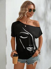 SHEIN LUNE 人像圖案不對稱領蝙蝠袖T恤 - 黑色 - 查看 4