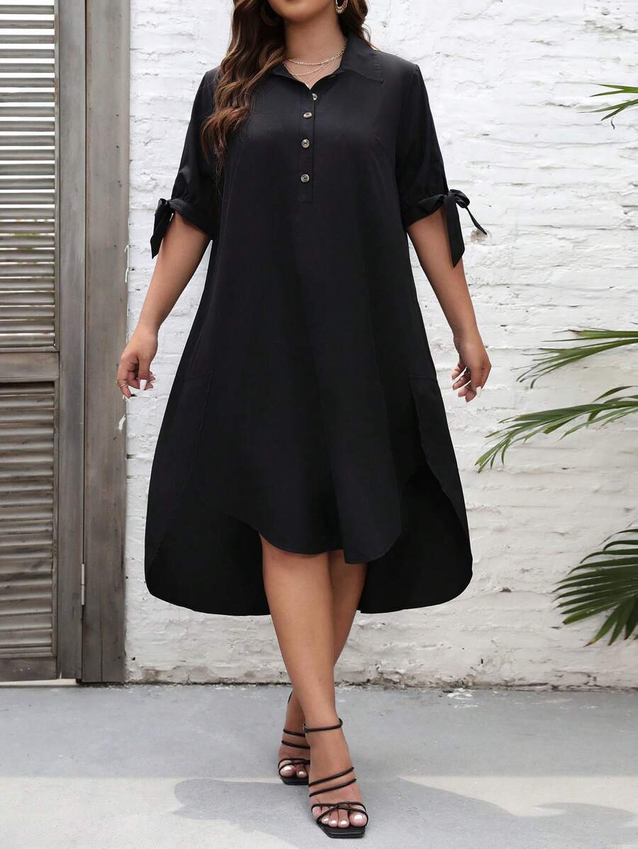 SHEIN LUNE 大碼休閒前紐扣 前短後長 打結純色連衣裙 - 黑色 - 查看 1