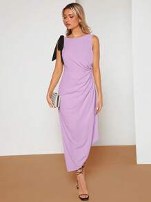 SHEIN Belle 肩上打結褶邊不對稱下擺洋裝 - 紫丁香色 - 查看 1