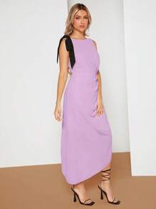 SHEIN Belle 肩上打結褶邊不對稱下擺洋裝 - 紫丁香色 - 查看 4