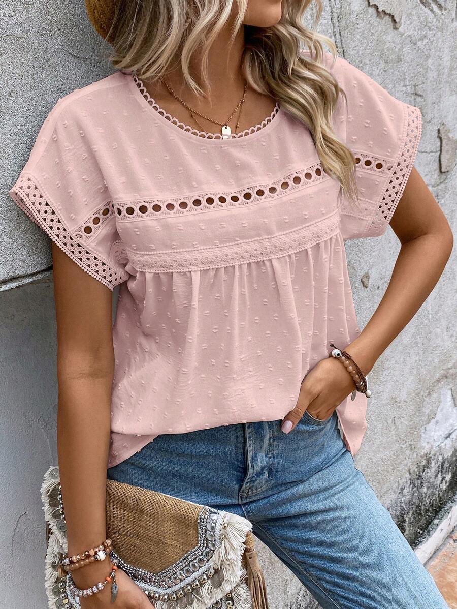 EMERY ROSE Swiss Dot Contrast Lace Batwing Sleeve Blouse - Baby Pink - View 1