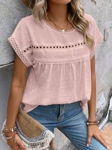 EMERY ROSE Swiss Dot Contrast Lace Batwing Sleeve Blouse - Baby Pink - View 5