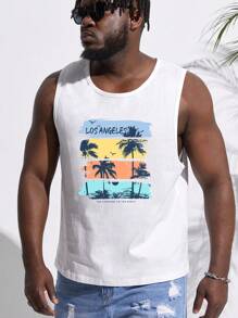 GENTILAND Men Plus Cotton Tropical & Slogan Graphic Tank Top - White - View 1