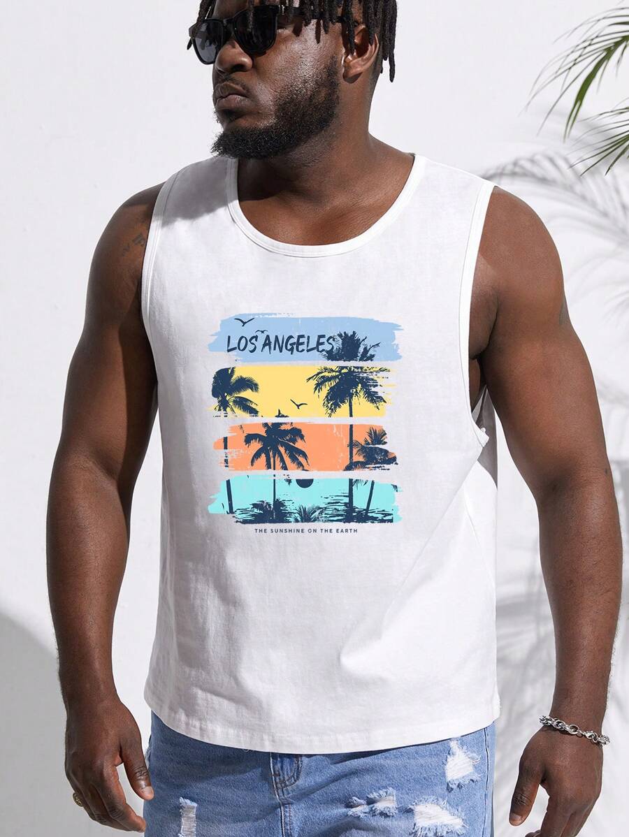 GENTILAND Men Plus Cotton Tropical & Slogan Graphic Tank Top - White - View 1