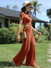 SHEIN LUNE 素色短款T恤和闊腿褲 - 鏽棕色 - 查看 5