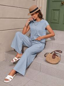 SHEIN LUNE unicolor de manga murciélago Camiseta & Pantalones de pierna ancha