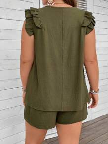 SHEIN LUNE Plus Ruffle Trim Top & Knot Front Shorts - Army Green - View 2