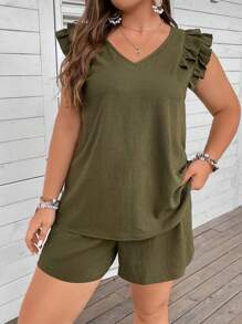 SHEIN LUNE Plus Ruffle Trim Top & Knot Front Shorts - Army Green - View 5