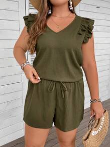 SHEIN LUNE Plus Ruffle Trim Top & Knot Front Shorts - Army Green - View 6