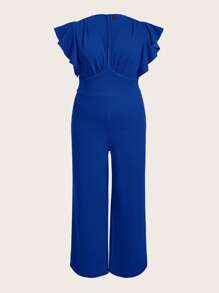 SHEIN Clasi 大碼荷葉邊胸部褶皺蝴蝶袖闊腿連體褲 - 藍色 - 查看 1