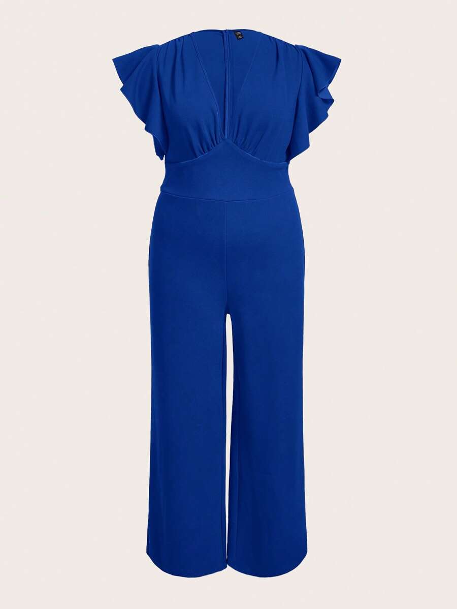 SHEIN Clasi 大碼荷葉邊胸部褶皺蝴蝶袖闊腿連體褲 - 藍色 - 查看 1