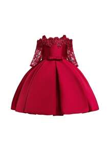 Elegant Satin Lace Waist Bow Decor Dress For Young Girls, Suitable For Birthday Party, Excluding Headband