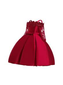 Elegant Satin Lace Waist Bow Decor Dress For Young Girls, Suitable For Birthday Party, Excluding Headband