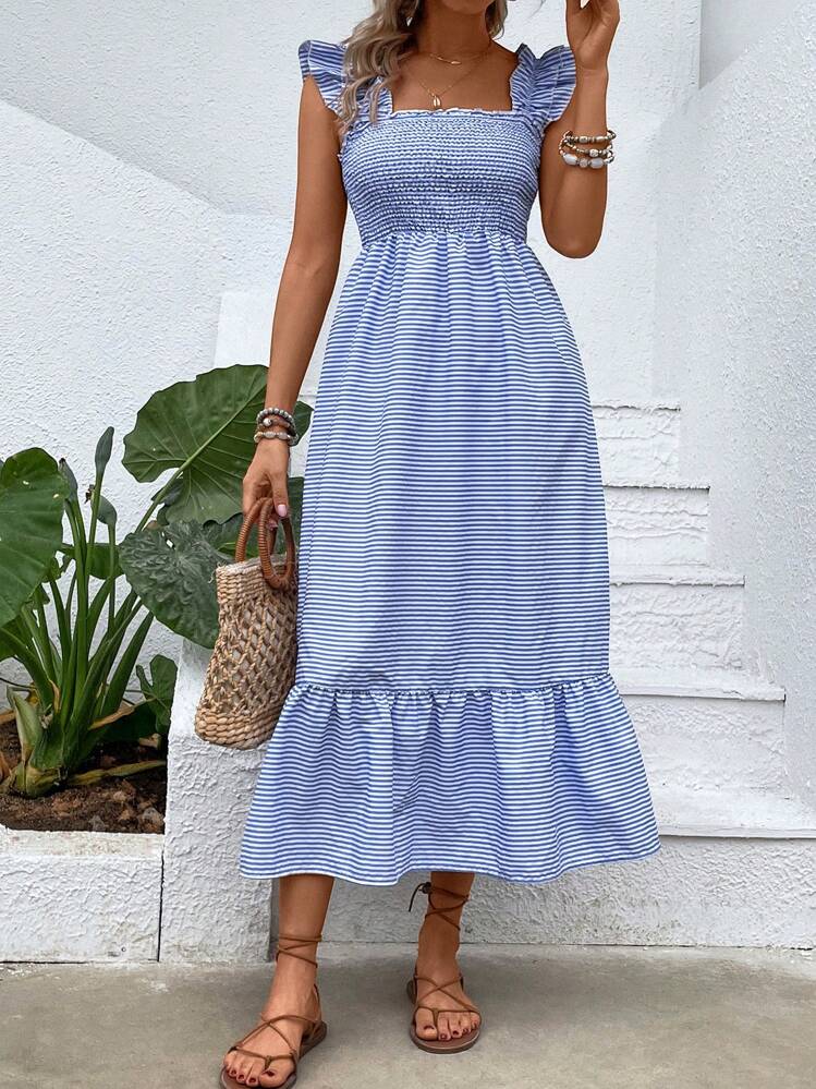 Breezaya קפל מכפלת קפל מכווץ פסים קז'ואל שמלה - כחול ולבן - ראה 6