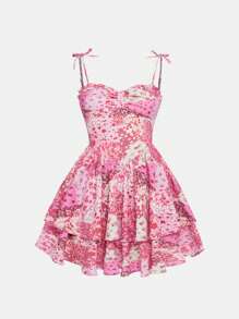 SHEIN Girlism 夏季少女甜美lovelovely雙層花卉印花晚禮服沙迷裙,配有蝴蝶結和褶邊裝飾 - 彩色 - 查看 1