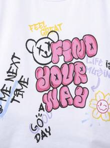 SHEIN Bộ thời trang bé trai Hoạt hình Slogan Giải trí - Đen và trắng - Xem 3