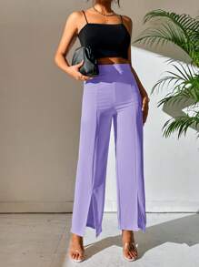 SHEIN PETITE High Waist Split Hem Straight Leg Trousers - Lilac Purple - View 4