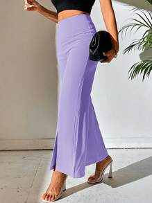 SHEIN PETITE High Waist Split Hem Straight Leg Trousers - Lilac Purple - View 5
