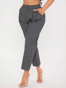SHEIN PETITE Solid Fold Pleated Detail Cropped Trousers - Dark Grey - View 1
