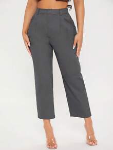 SHEIN PETITE Solid Fold Pleated Detail Cropped Trousers - Dark Grey - View 3