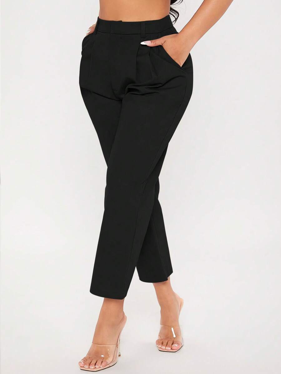 SHEIN PETITE Solid Fold Pleated Detail Cropped Trousers - Black - View 1