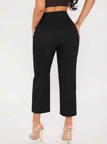 SHEIN PETITE Solid Fold Pleated Detail Cropped Trousers - Black - View 2