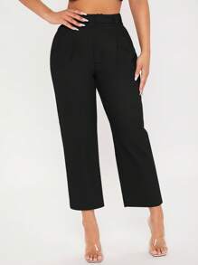 SHEIN PETITE Solid Fold Pleated Detail Cropped Trousers - Black - View 4