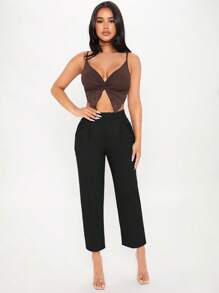 SHEIN PETITE Solid Fold Pleated Detail Cropped Trousers - Black - View 6