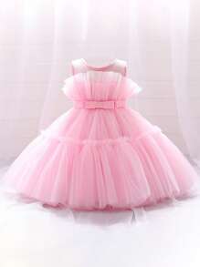 Gonna di tulle soffice di colore unito con fiocco in vita, abito elegante e carino adatto per feste di compleanno, senza cerchietto