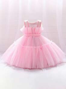 Gonna di tulle soffice di colore unito con fiocco in vita, abito elegante e carino adatto per feste di compleanno, senza cerchietto