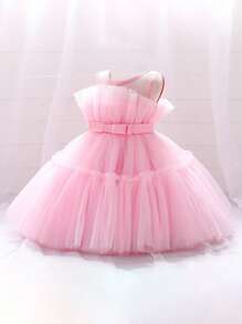 Gonna di tulle soffice di colore unito con fiocco in vita, abito elegante e carino adatto per feste di compleanno, senza cerchietto