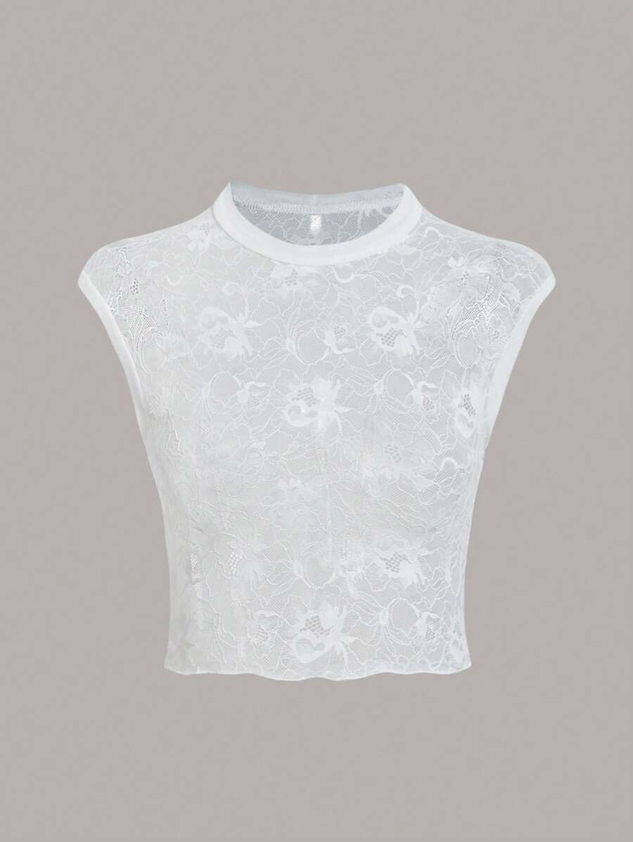 SHEIN ICON 花卉圖案提花木耳邊網紗上衣 - 白色 - 查看 1