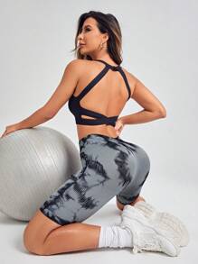 Yoga Trendy Tie Dye Wideband Waist Sports Shorts - Grey - View 2