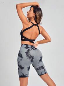 Yoga Trendy Tie Dye Wideband Waist Sports Shorts - Grey - View 3