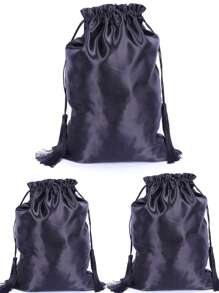 3pcs Tassel Drawstring Detail Satin Wig Storage Bag - Black - View 1