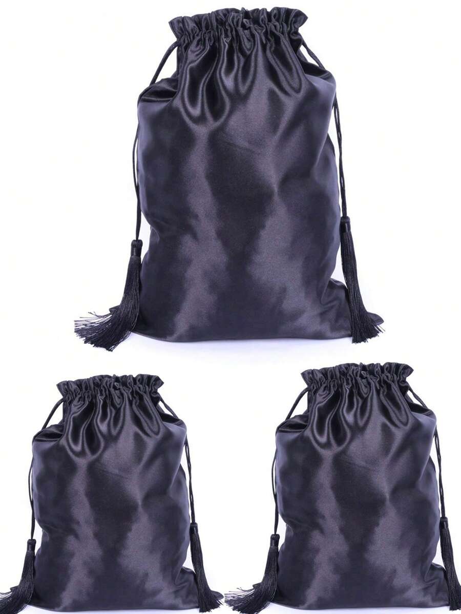 3pcs Tassel Drawstring Detail Satin Wig Storage Bag - Black - View 1