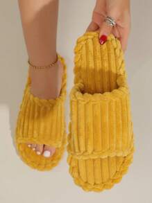 女士露趾毛绒室内/户外厚底保暖拖鞋，泡沫，适合秋冬季 - 芥末黃 - 查看 1