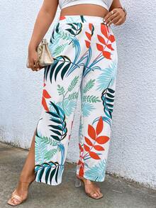 SHEIN Holidaya 大碼植物圖案下擺開叉闊腿褲 - 彩色 - 查看 4